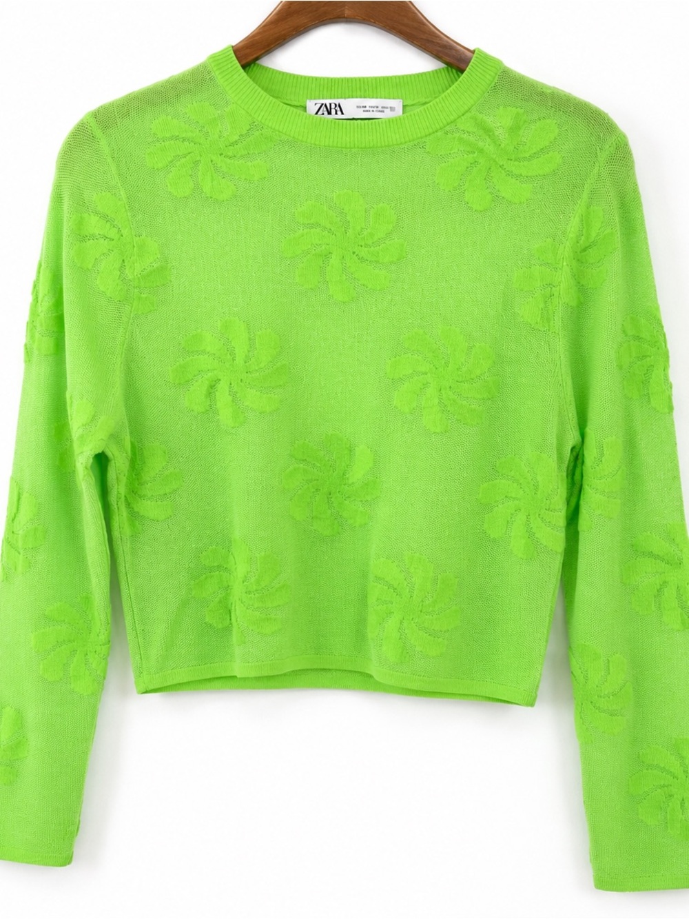 ZARA Neon Lime Sheer crop blouse dopamine rave vibrant floral rockability retro